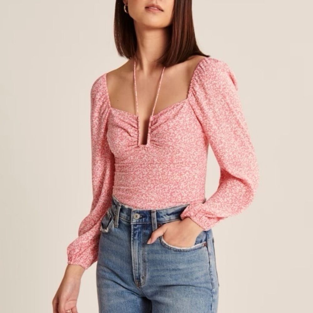 Abercrombie & Fitch Pink Floral Tie Front Crop Blouse Puff Sleeves XL